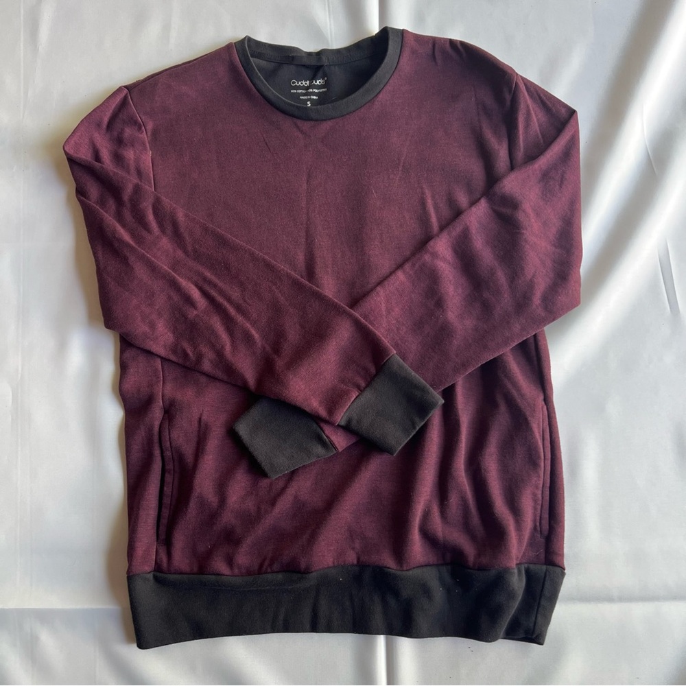 Cuddl Duds Fleece Men's Long Sleeve Sweater Maroon Black Size S Pockets Trim